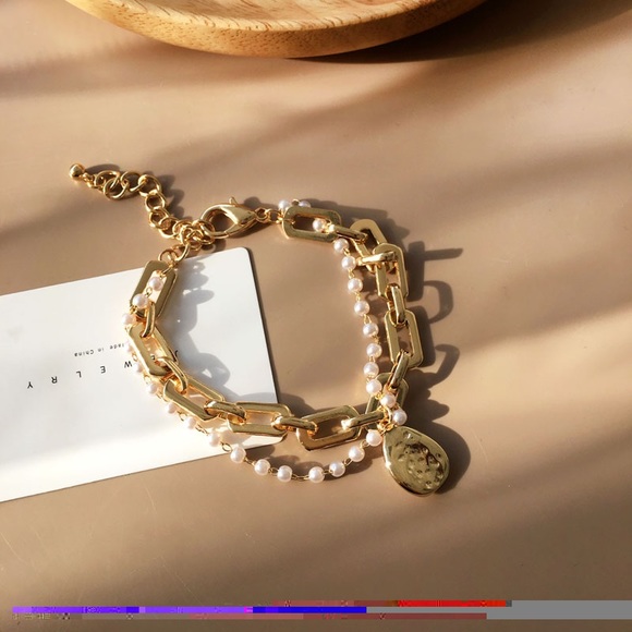 Chunky Paperclip Chain Bracelet, Half Pearl and Half Chain, Double layer golden - Picture 2 of 6